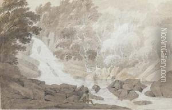 A Traveller Seated By A Waterfall, Possibly Henrhyd Falls,brecknockshire Oil Painting - Hubert Cornish