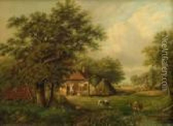 Landscapewith Farm And Cattle Oil Painting - Hendrik Willem Mesdag