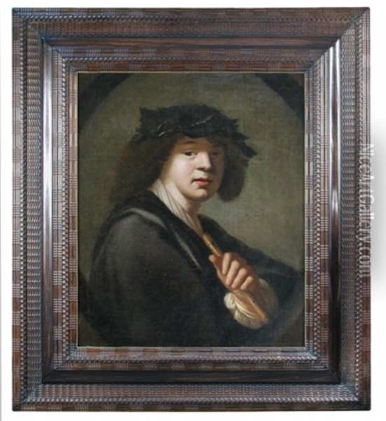Portrait Of A Young Man Holding A Flute, And Wearing A Wreath Of Laurel Leaves Oil Painting - Jacob Adriaensz de Backer