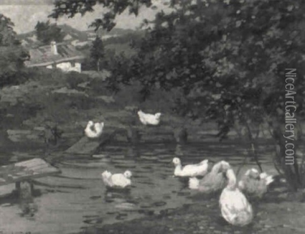 Ducks In A Pond Oil Painting - Rudolph Jelinek