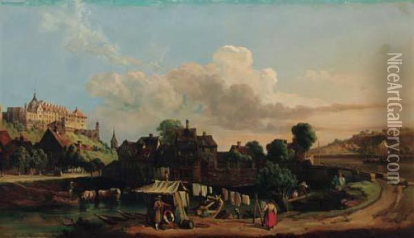 A Town In A River Valley Oil Painting - Joseph Kuwasseg Carl