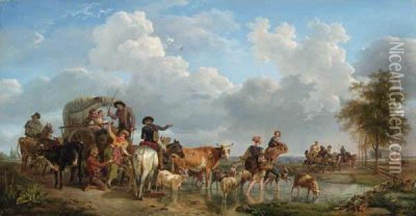 Peasants With Carts And Cattle Crossing A Ford, A Castle In Anextensive Landscape Beyond Oil Painting - Jean Louis (Marnette) De Marne