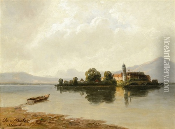 Am Chiemsee. Blick Auf Die Fraueninsel Mit Dem Kloster Frauenworth Oil Painting - Christian Friedrich Mali