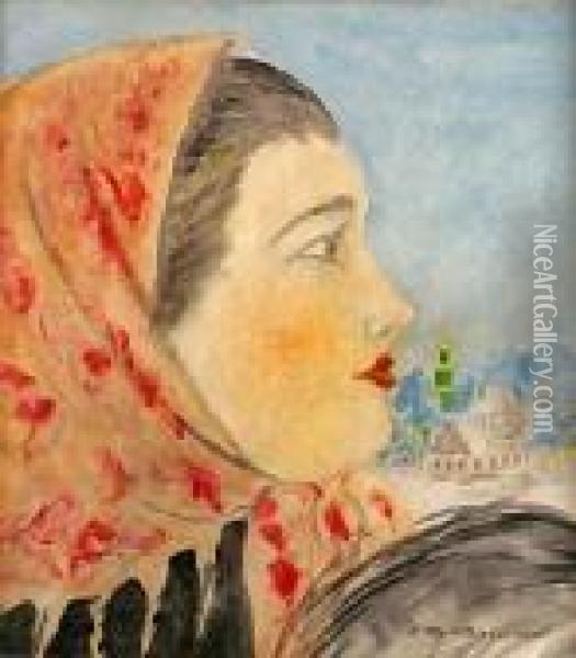 Head Of A Woman In Profile Oil Painting - Boris Kustodiev
