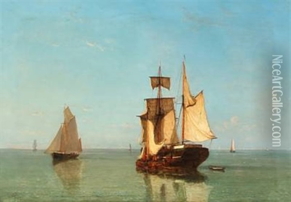 Calm Summer Day With Sailing Ships At Sea Oil Painting - Johannes Frederick Schuetz