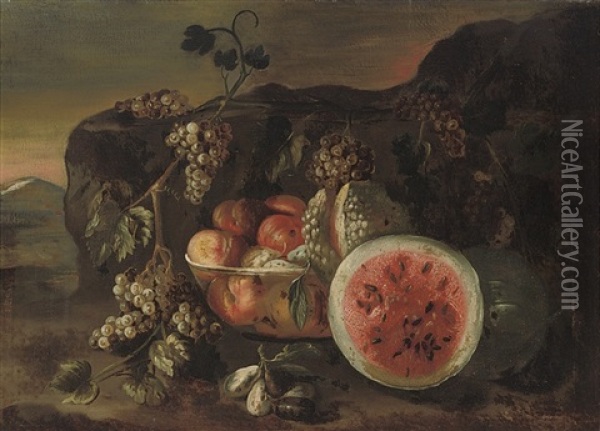 A Watermelon, Peaches And Figs In A Bowl, Grapes And Vine Leaves, In A Landscape Oil Painting - Giovanni Paolo Castelli (lo Spadino)