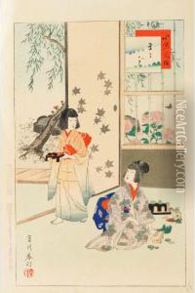 Two Woodblocks Of Young Girls Oil Painting - Miyagawa Shuntei
