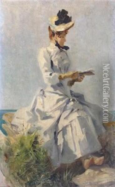 Elegant Lady Reading By The Sea Oil Painting - Jules Cheret