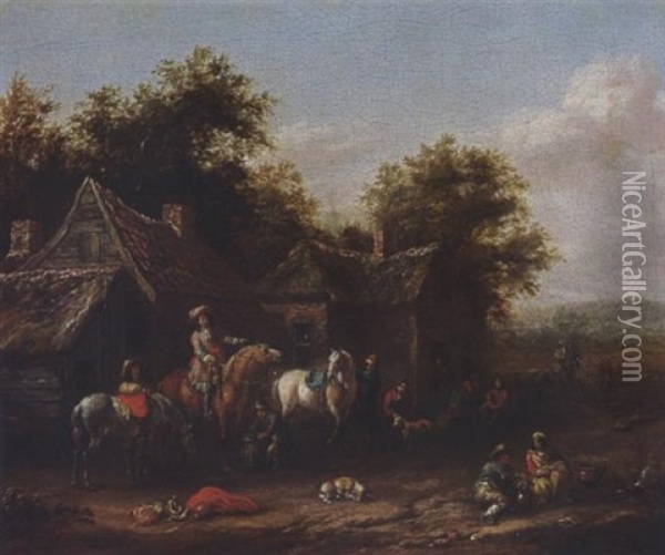 Horsemen Resting Before Houses Oil Painting - Barend Gael