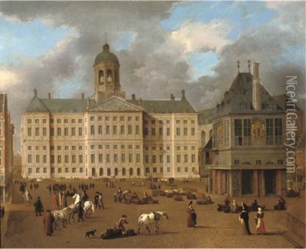 The Dam, With The Town Hall And The Waag, Amsterdam (collab. W/richard Brakenburgh) Oil Painting - Isaac van Nickele