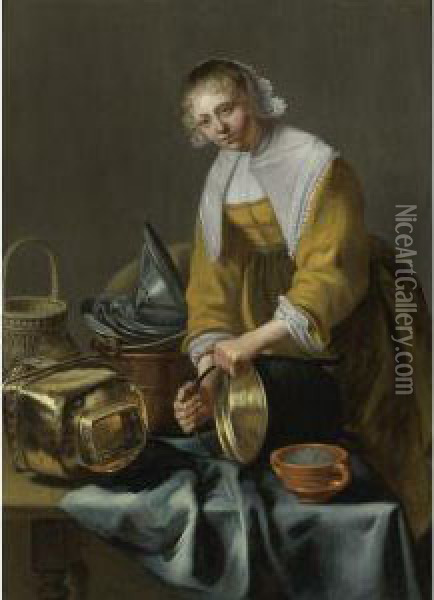 A Kitchen Maid Standing By A Table With Copper Pots, Pewter Platesand Other Objects Oil Painting - Odekercken Willem