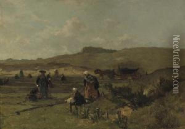 Mending The Nets In The Dunes Of Scheveningen Oil Painting - Johannes Evert Akkeringa