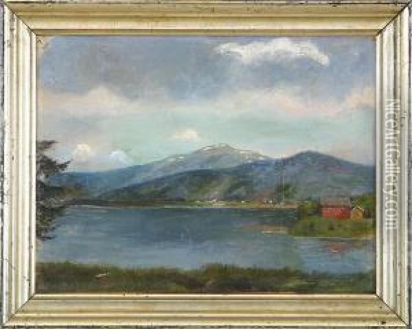 A Norwegian Landscape By A Fiord Oil Painting - Knud Andreassen Baade