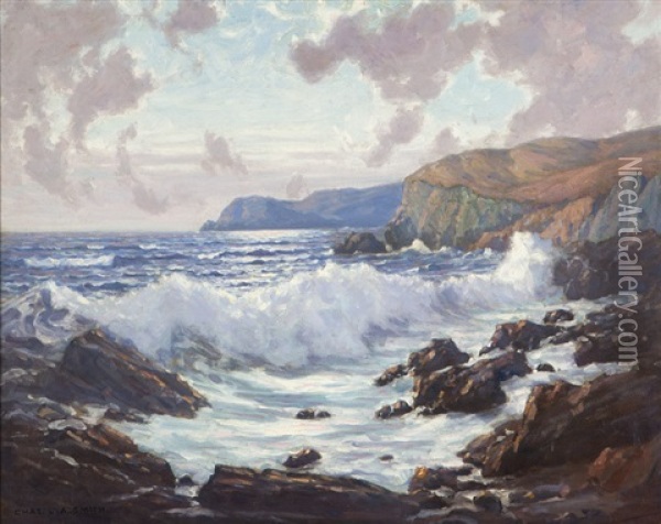 Crashing Waves On A Rocky Coastline Oil Painting - Charles L.A. Smith