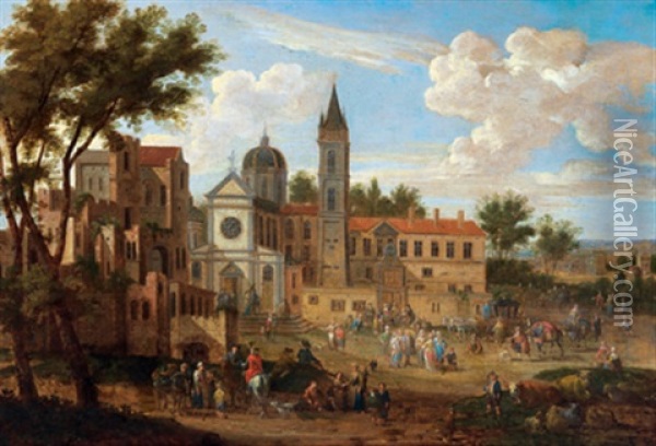 Capriccioansicht Der Piazza Del Popolo In Rom Oil Painting - Mathys Schoevaerdts