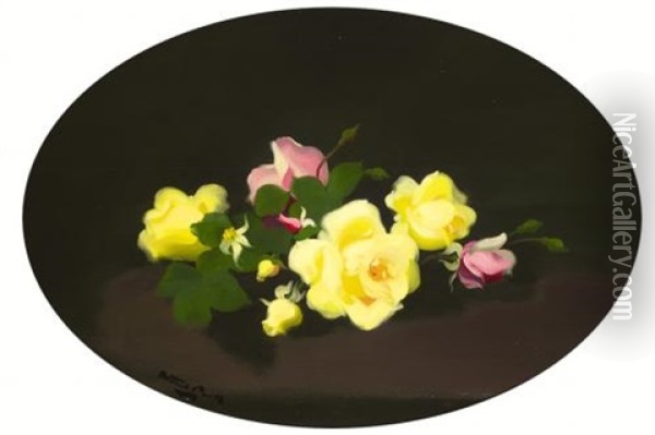 Still Life With Pink And Yellow Roses Oil Painting - Stuart James Park
