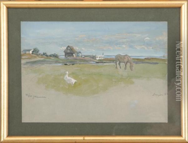 Scnery With A Horse And A Goose Oil Painting - Viggo Johansen