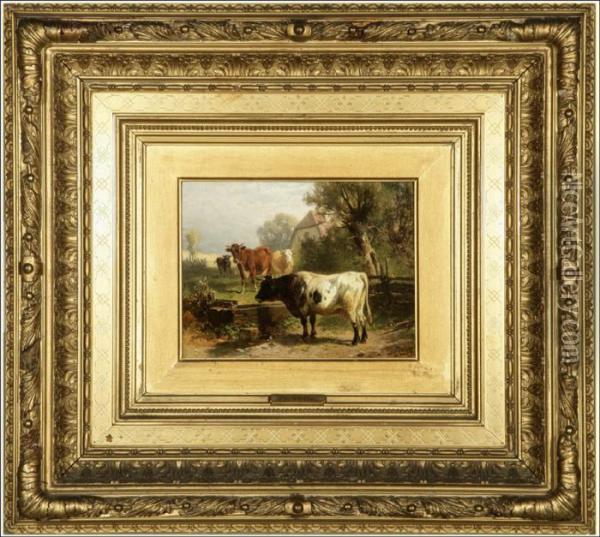 Cattle At A Water Trough Oil Painting - Friedrich Johann Voltz