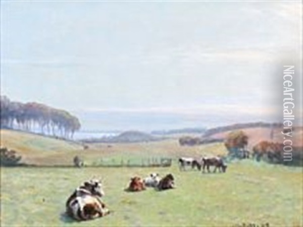 Grazing Cows On A Field Oil Painting - Niels Pedersen Mols