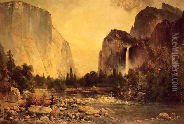 Lone Fisherman in Yosemite Oil Painting - Thomas Hill