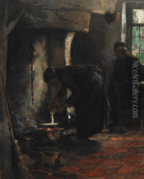 Preparing The Meal Oil Painting - Arend Hijner