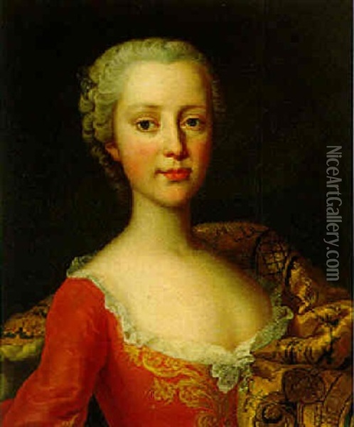 Portrait Of A Lady In Red Dress With Brocade Shawl Oil Painting - Martin (Martinus I) Mytens