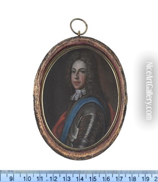 James Francis Edward Stuart, The Old Pretender, Wearing Suit Of Armour, Blue Sash Of The Order Of The Garter Over His Left Shoulder, White Lace Stock And Cravat, Red Mantle Oil Painting - Marie-Anne Belle Cheron