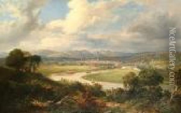 Extensive River Landscape With A View To A Town In The Distance. Oil Painting - Alexander Nasmyth