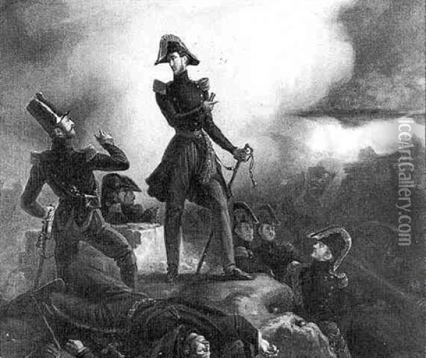 Le Duc D'orleans Dans La Tranchee Au Siege De La Citadelle D'anvers, 29-30 Novembre 1832 Oil Painting - Adolphe Roger