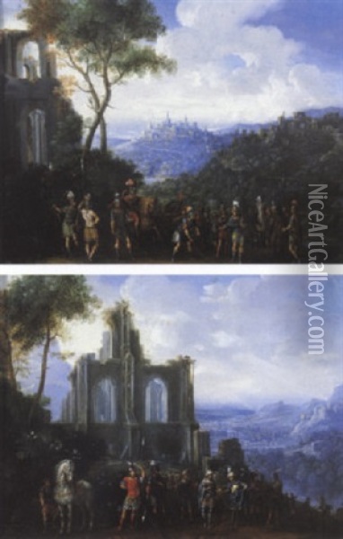 Halte Militaire Devant Un Vaste Paysage Panoramique Oil Painting - Jean-Georges Berdot