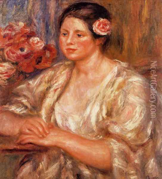 Madelaine In A White Blouse And A Bouquet Of Flowers Oil Painting - Pierre Auguste Renoir