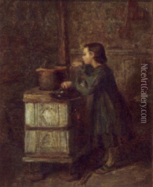 Child At A Stove Oil Painting - Pierre Edouard Frere