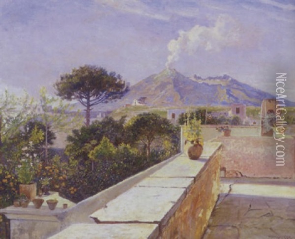Blomstrende Traeer Og Potteplanter Pa Terrasse I Pompei I Baggrunden Vesuv Oil Painting - Olaf Viggo Peter Langer