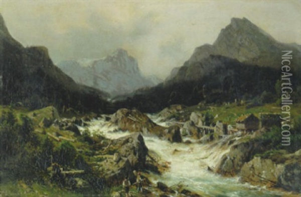 Hochgebirgslandschaft Mit Wildwasser Und Angelnden Kindern Oil Painting - Johannes Bartholomaeus Duntze