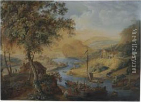 An Imaginary Rhine Landscape With Boats, Fishermen And A Castle Ona Hill Oil Painting - Willem Troost
