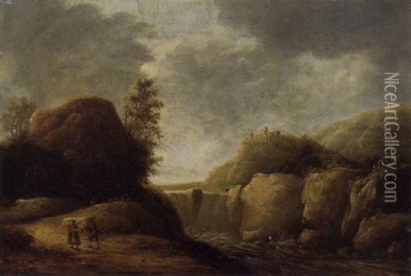 A Mountainous Landscape With Travellers On A Path By A Waterfall Oil Painting - Gerrit (Gerard) Battem