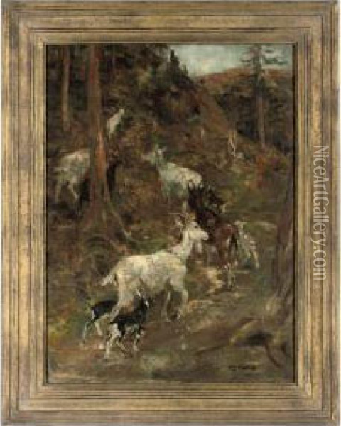 Goats In A Mountainous Landscape Oil Painting - William Walls