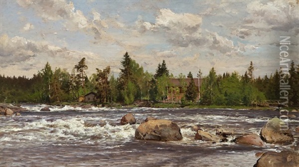 Langinkoski Rapids Oil Painting - Magnus Hjalmar Munsterhjelm