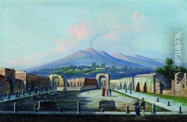 Die Ruinen Von Pompeji Mit Dem Vesuv Im Hintergrund Oil Painting - Consalvo Carelli