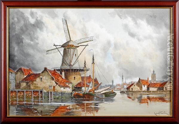Two Dutch Harbour Scenes Oil Painting - Hermanus Jr. Koekkoek