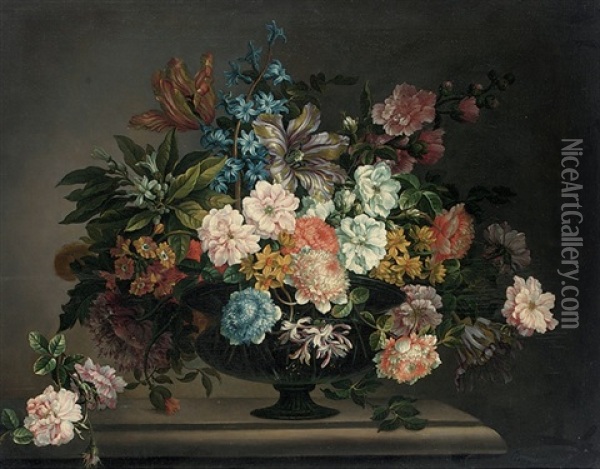Tulips, Roses, Carnations And Other Flowers In An Urn On A Ledge With A Sprig Of Roses Oil Painting - Jean-Baptiste Monnoyer