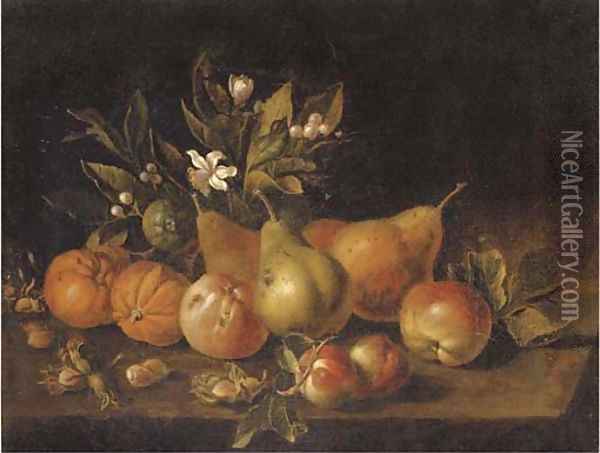 Pears, apples, oranges and nuts on a ledge Oil Painting - Luca Forte
