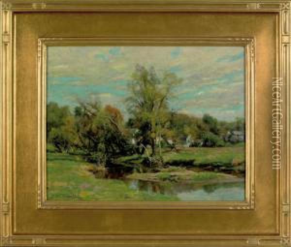 Landscape With A River And Farm Oil Painting - Hugh Bolton Jones