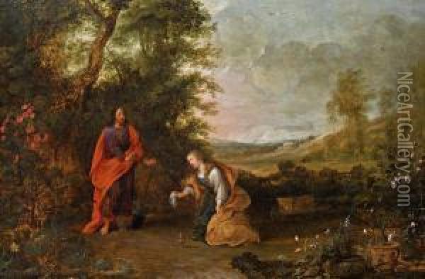 Noli Me Tangere - Waldlandschaft Mit Christus Als Gartner Und Maria Magdalena Oil Painting - Adriaan van Stalbemt
