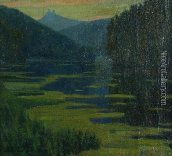 Arts And Crafts Style Lakelandscape With Distant Castle Oil Painting - Leonhard Kaupisch