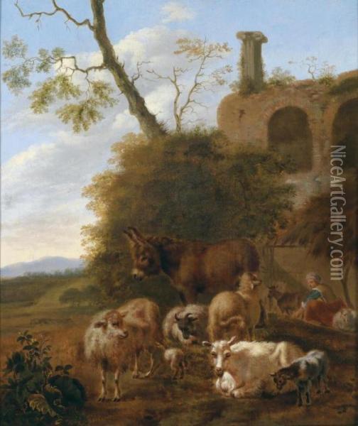 A Shepherd And His Animals Oil Painting - Simon van der Does