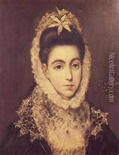 Lady With A Flower In Her Hair Oil Painting - El Greco (Domenikos Theotokopoulos)