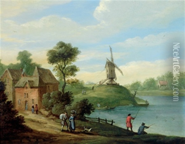 Hauser Und Eine Windmuhle An Einem Fluss Mit Figuren Oil Painting - Jan Peter van Bredael the Elder