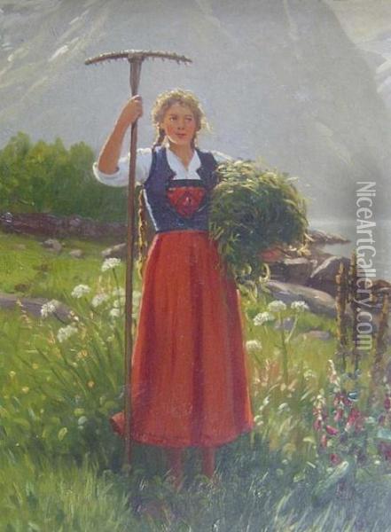 Young Girl With A Rake Oil Painting - Emil Wilhelm Normann