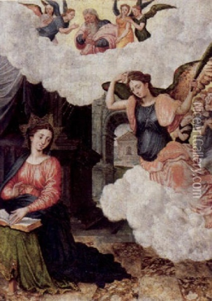 Maria Verkundigung Mit Gottvater Und Adorierenden Engeln Oil Painting - Lucas de Heere